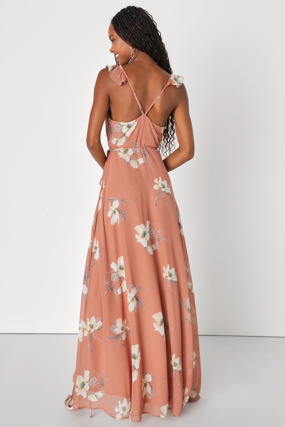 All Mine Rusty Rose Floral Print High-Low Wrap Dress