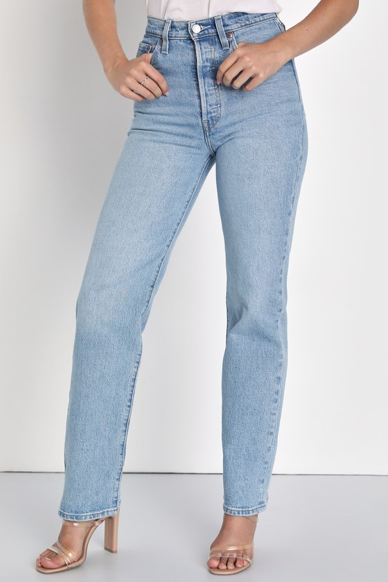 Ribcage Medium Wash Straight Leg High Rise Denim Jeans 4