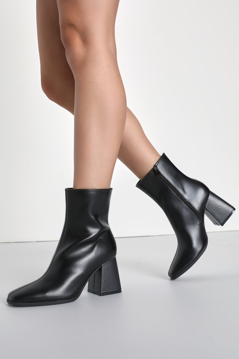 black leather mid heel boots