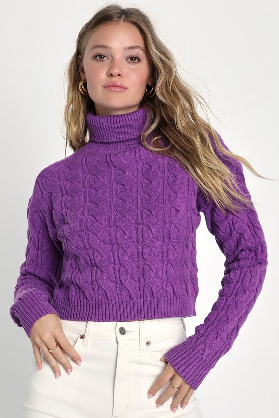 Purple Cable Knit Sweater - Cropped Turtleneck - Pullover Sweater - Lulus