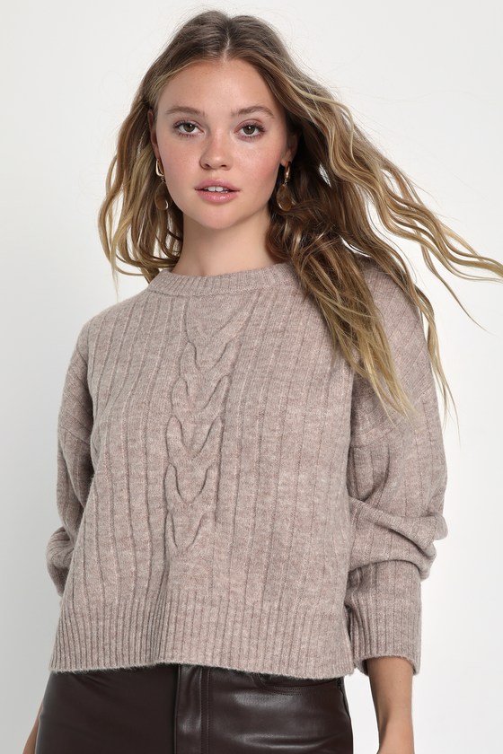 Lulus Toasty Stroll Heather Taupe Cable Knit Crew Neck Sweater
