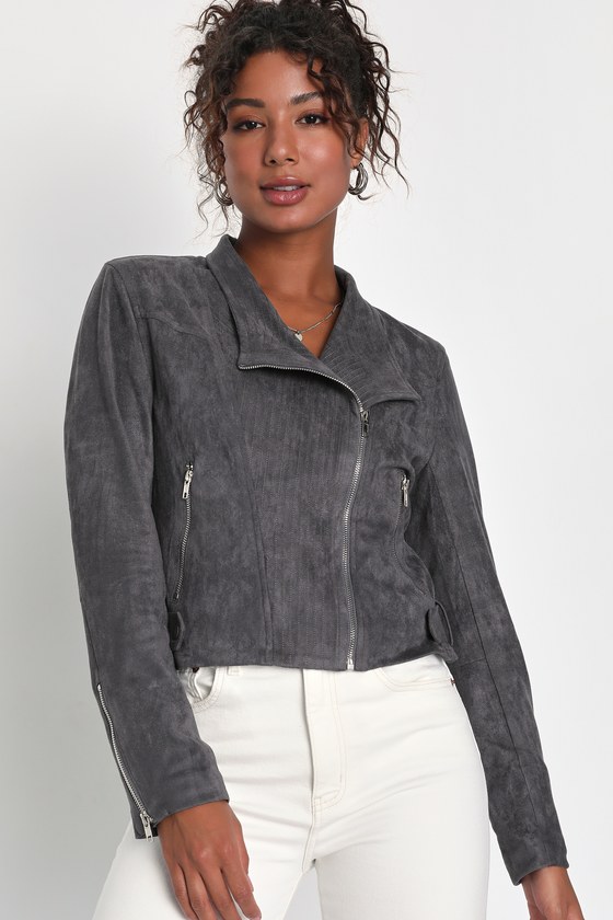 Lulus Ride Here, Right Now Charcoal Grey Long Sleeve Moto Jacket