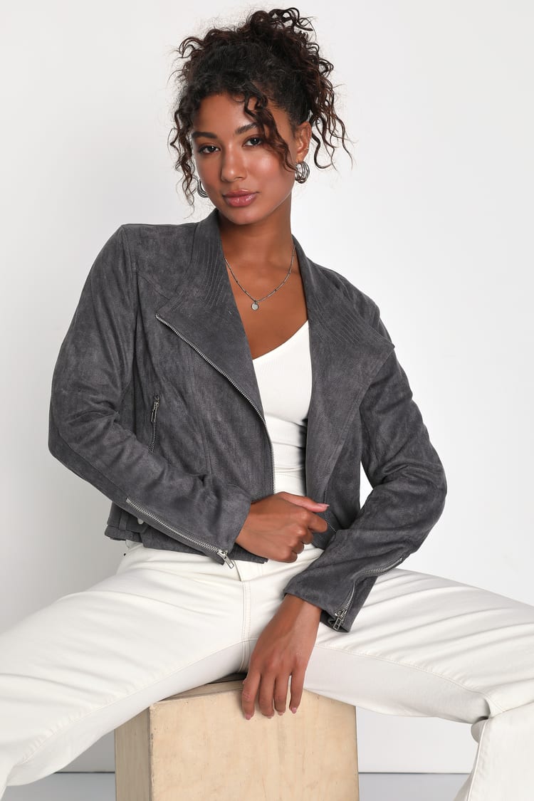 Chic Dark Grey Moto Jacket - Vegan Suede Moto Jacket - Jacket - Lulus