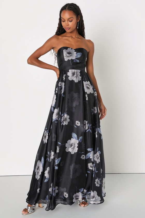 Lulus Regal Status Black Floral Print Strapless Maxi Dress