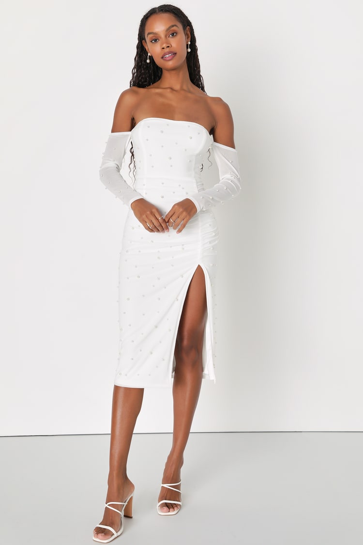 knee length dresses for ladies Symphony Dress - Pearl Bead On Power Mesh Midi Dress