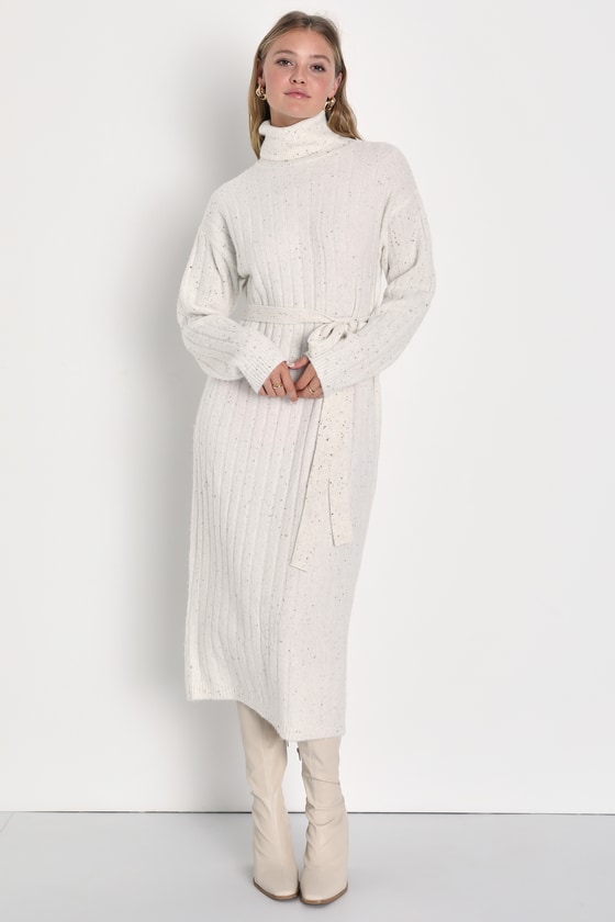 Lulus Bundled Darling White Marled Turtleneck Midi Sweater Dress
