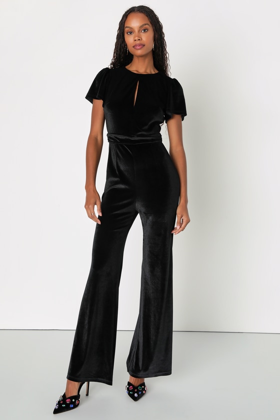 Lulus Classy Darling Black Velvet Keyhole Cutout Backless Jumpsuit