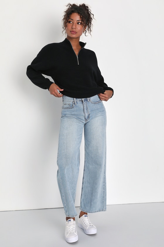 Cuddly Aesthetic Black Ribbed Quarter-Sip Pullover Sweater 5