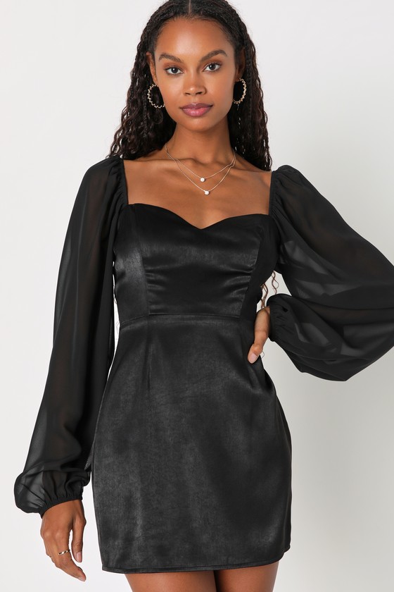 Dresses | Square Neck Long Sleeve Polka Dot Mesh Sheer Sleeves Black Mini  Dress | Poshmark