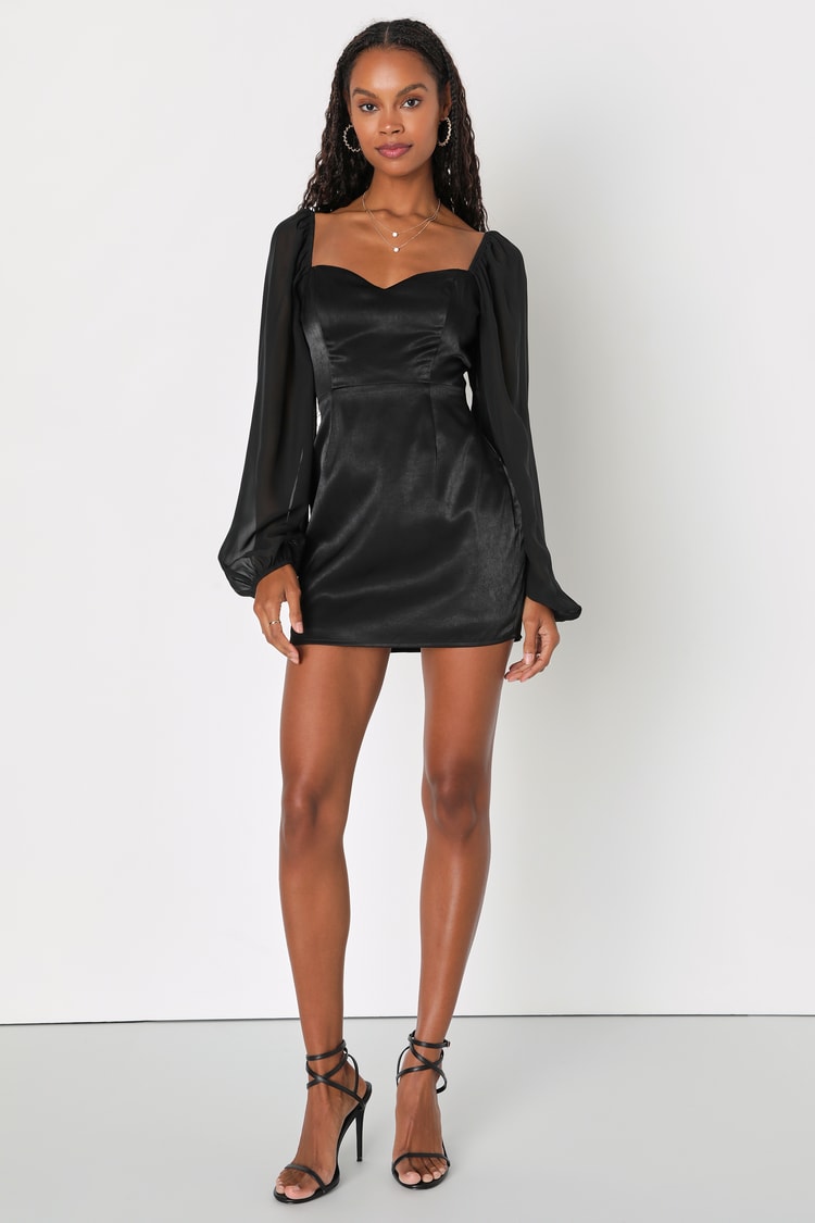 Black Mini Dress - Satin Mini Dress - Sheer Sleeves Mini Dress - Lulus