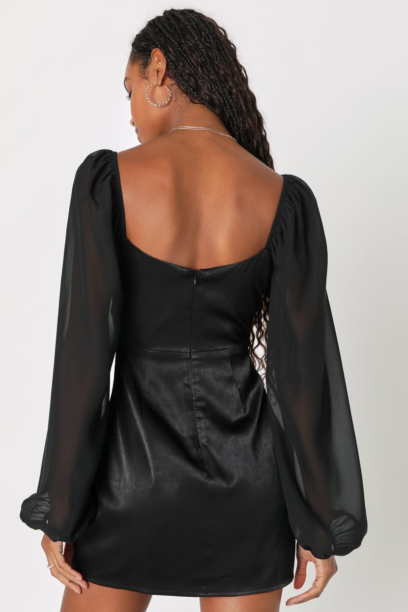 Black Mini Dress - Satin Mini Dress - Sheer Sleeves Mini Dress - Lulus