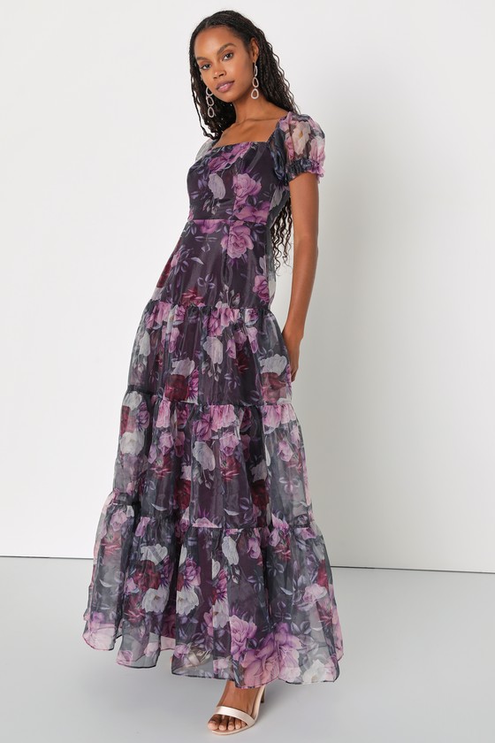 Lulus Delightful Expression Black Floral Organza Tiered Maxi Dress