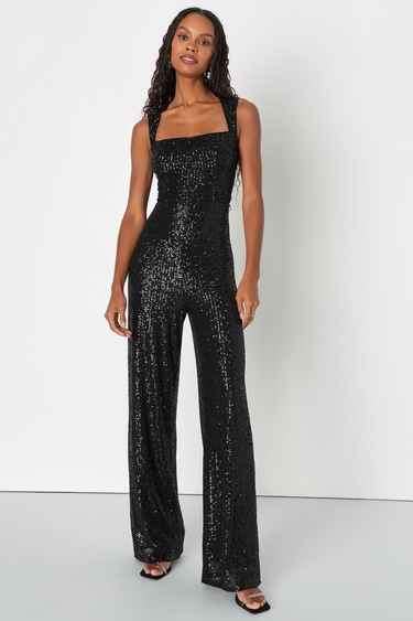Black Sequin Jumpsuit Sleeveless Jumpsuit Wide-Leg Jumpsuit