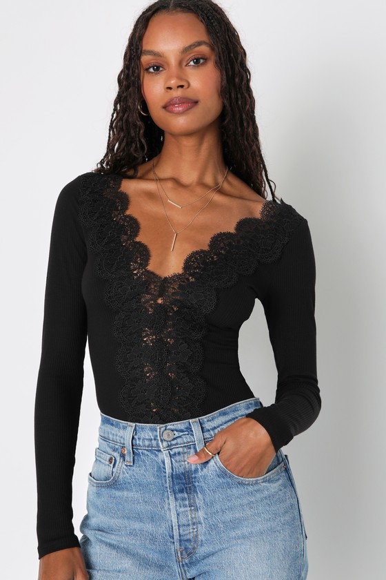 Black Ribbed Bodysuit - Lace-Trimmed Bodysuit - Long Sleeve Top - Lulus