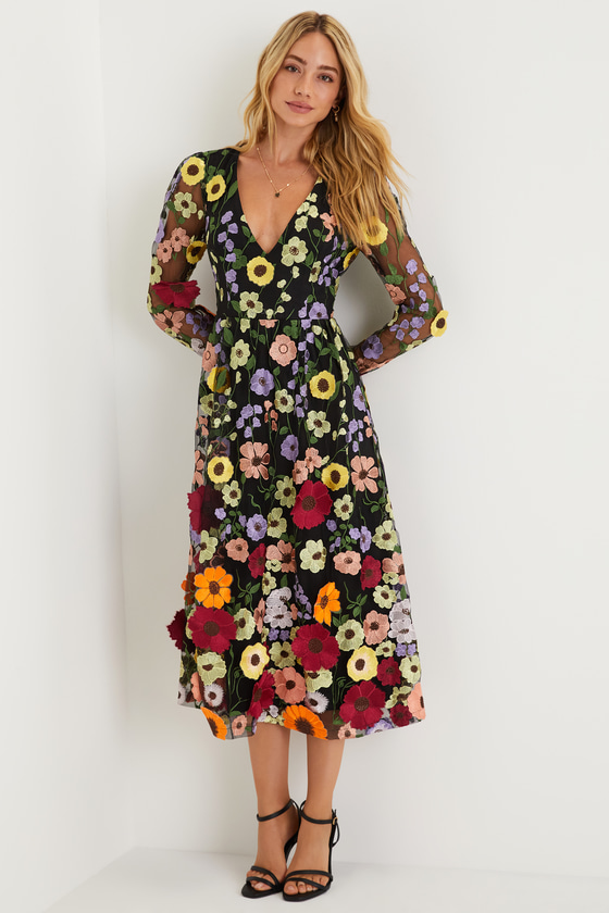 3D Floral Dress - Black Floral Dress - Long Sleeve Midi Dress - Lulus