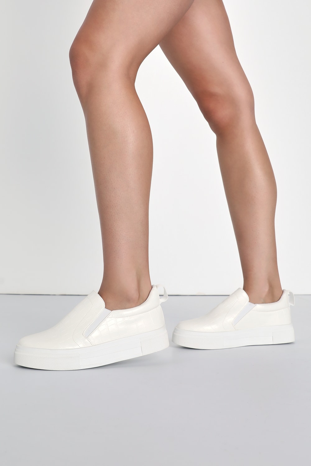 Cassay White Crocodile-Embossed Platform Slip-On Sneakers