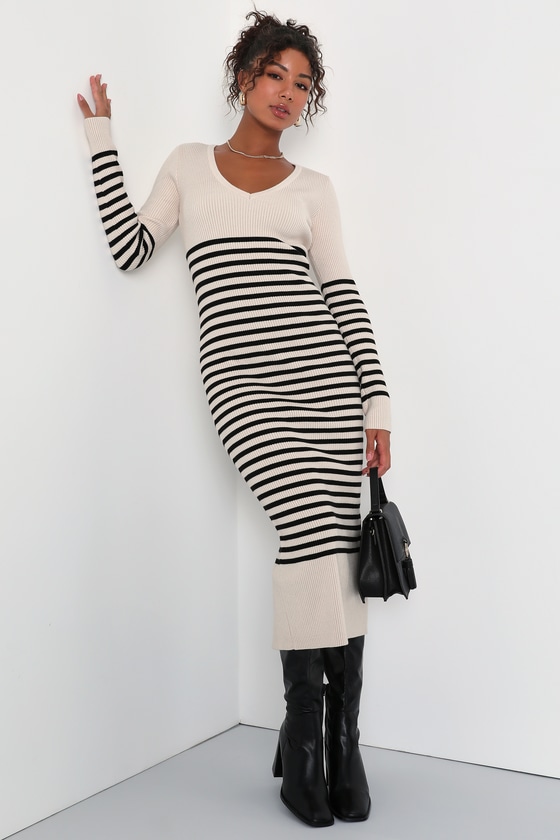 Lulus Upgraded Comfort Cream And Black Striped Midi Sweater Dress