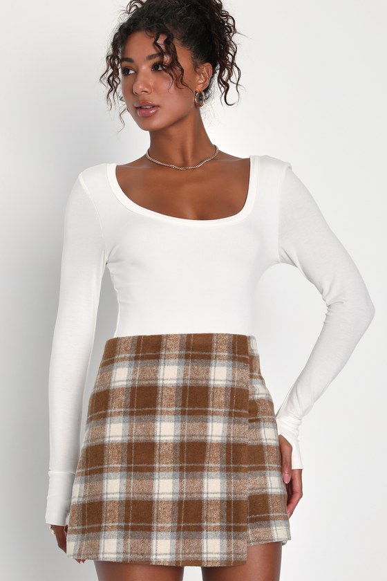 Lulus Mad For Plaid Brown And Blue Plaid Faux Wrap Mini Skirt
