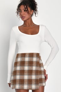 Mad for Plaid Brown and Blue Plaid Faux Wrap Mini Skirt