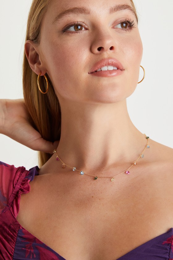 14KT Gold Necklace - Multicolored Rhinestone Necklace - Necklace - Lulus