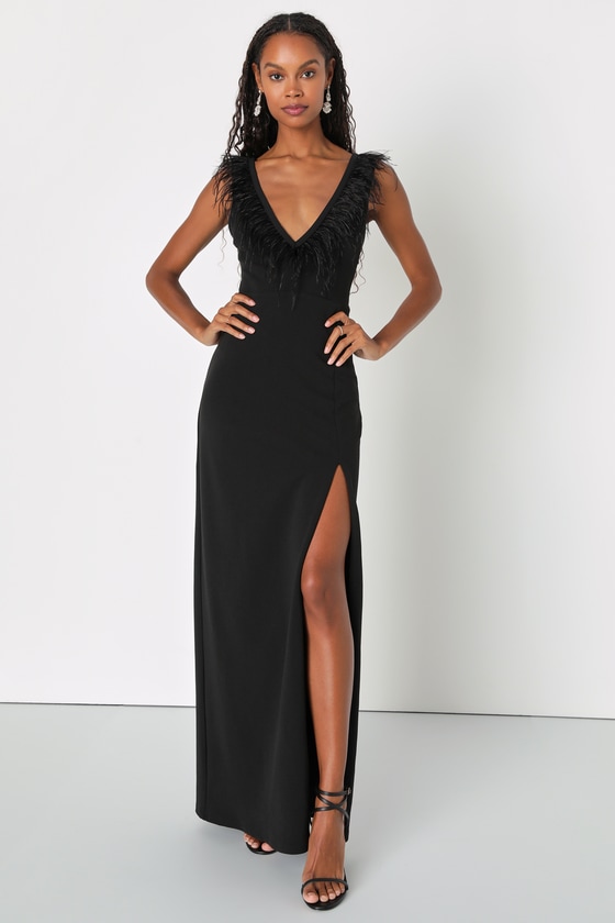 Lulus Sensational Flair Black Feather Sleeveless Maxi Dress