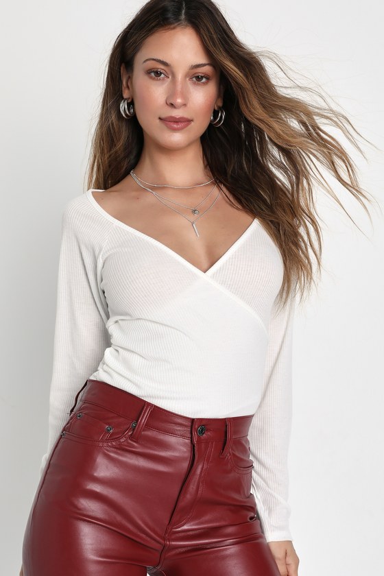 Lulus Impressive Essential White Ribbed Surplice Long Sleeve Top