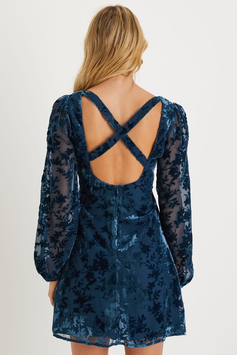 Stunning Stance Teal Blue Velvet Floral Long Sleeve Mini Dress