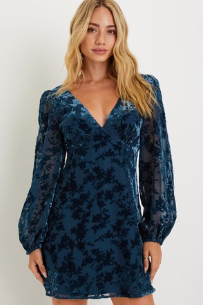 navy blue dress for baby girl Evenings with You Dark Teal Floral Velvet Asymmetrical Dress