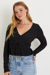 Exceptionally Sweet Black Ribbed Long Sleeve Crop Top