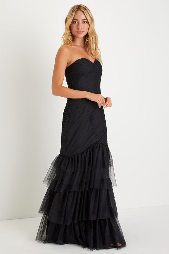 Lulus Stunning Icon Black Tulle Pleated Strapless Trumpet Maxi Dress