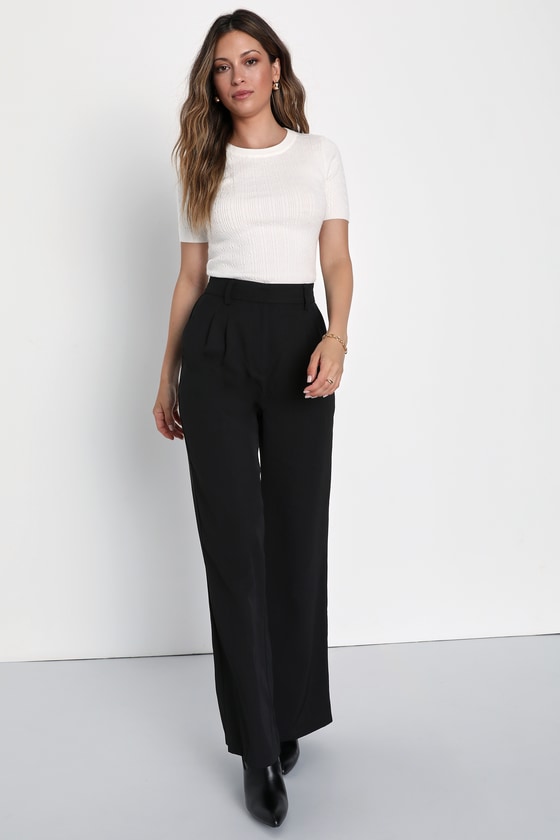 Black Twill Pants - Wide Leg Pants - Trousers - Office Pants