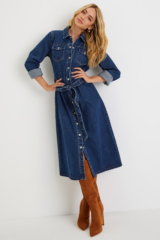 Lulus Edgy Instinct Dark Wash Denim Long Sleeve Midi Dress In Blue