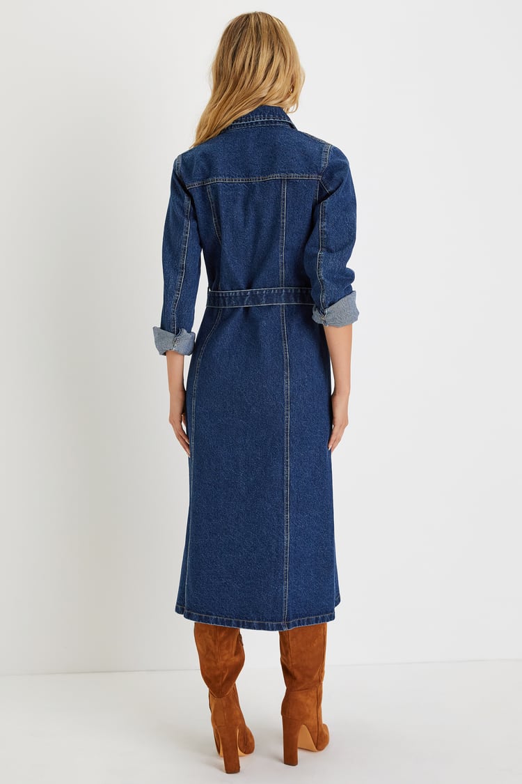Edgy Instinct Dark Wash Denim Long Sleeve Midi Dress