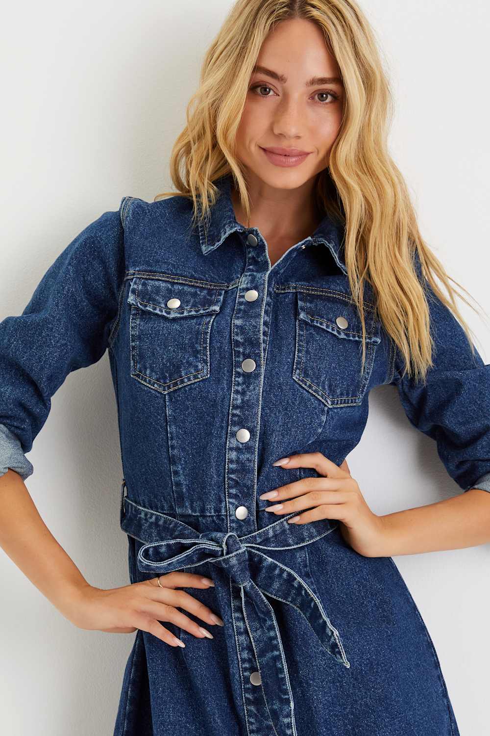 Edgy Instinct Dark Wash Denim Long Sleeve Midi Dress
