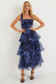 Dramatic Glamour Navy Blue Floral Organza Tiered Midi Dress