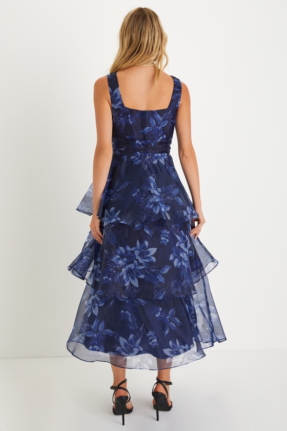 Navy Blue Midi Dress - Floral Organza Dress - Tiered Midi Dress - Lulus