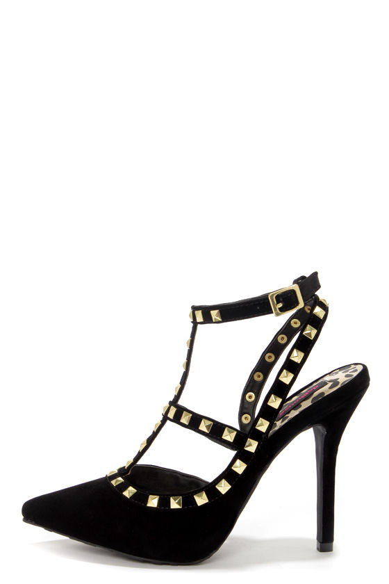 Dollhouse Gravity Black Studded T-Strap Pointed Heels - $42.00 - Lulus