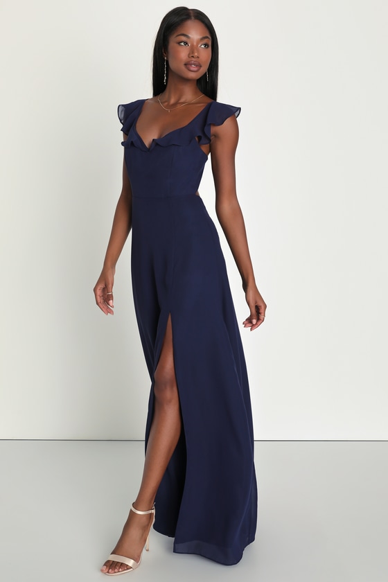 Sweetest Entrance Navy Blue Ruffled Tie-Back Maxi Dress 3