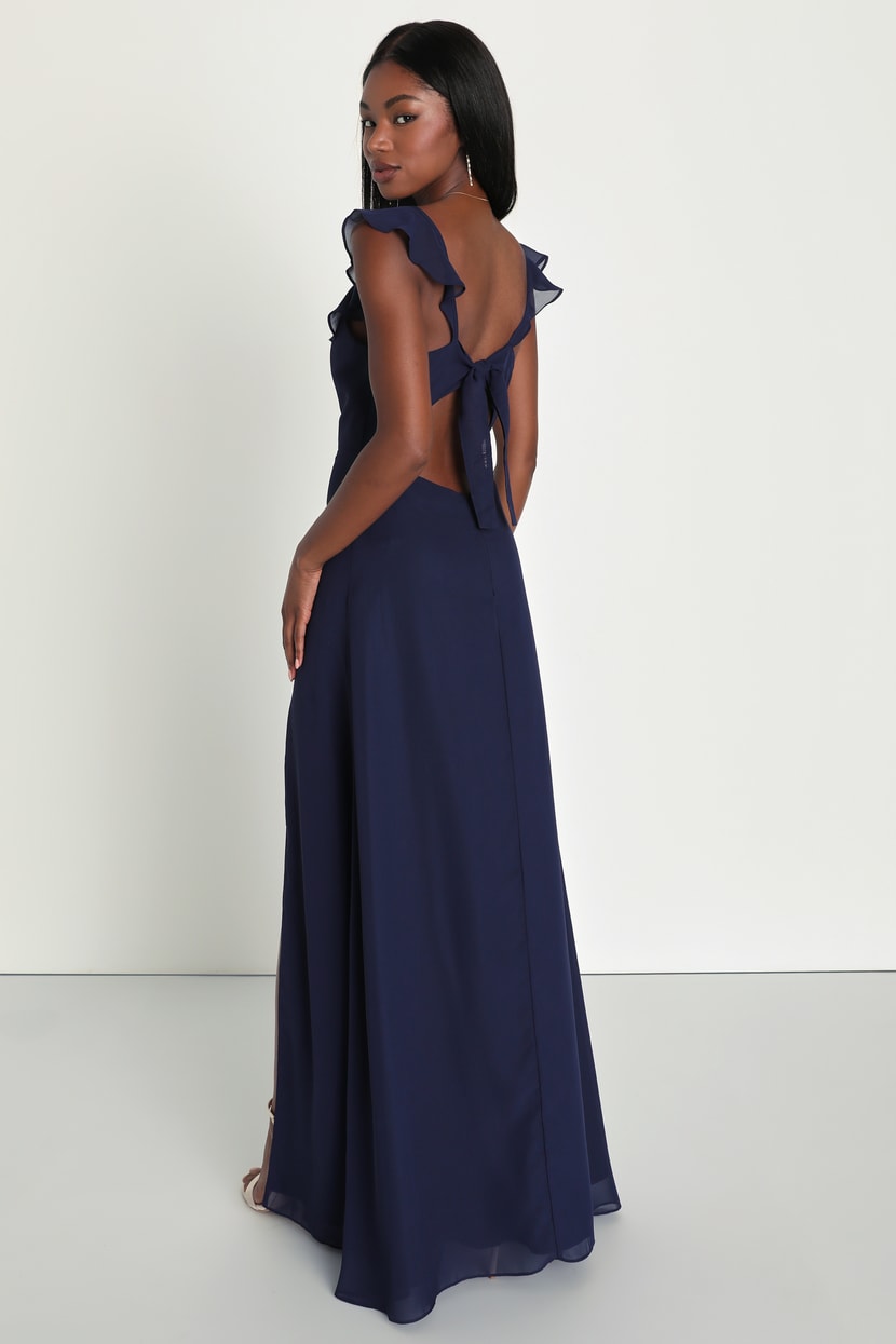 Sweetest Entrance Navy Blue Ruffled Tie-Back Maxi Dress