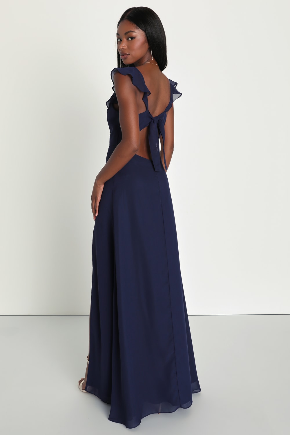 Sweetest Entrance Navy Blue Ruffled Tie-Back Maxi Dress