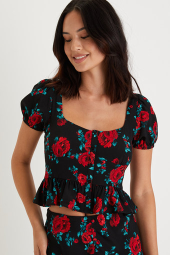 Remarkable Perfection Black Floral Puff Sleeve Peplum Top