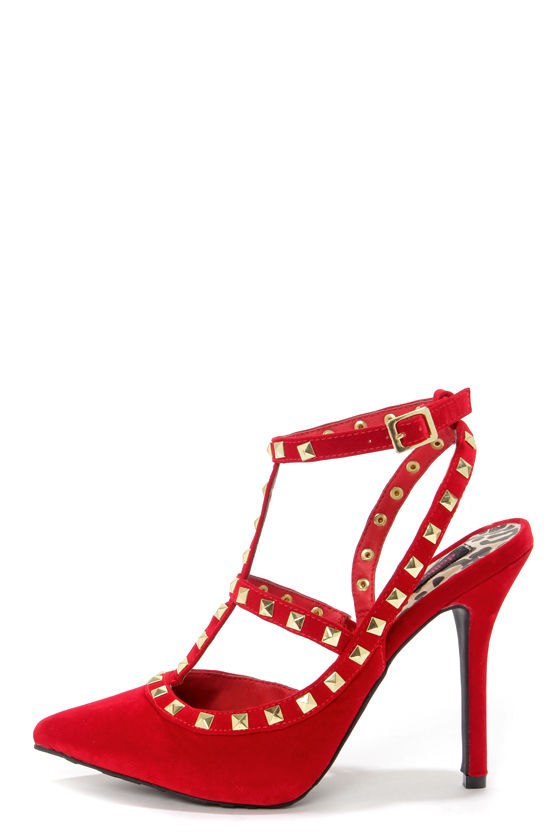 Dollhouse Gravity Red Studded T Strap Pointed Heels