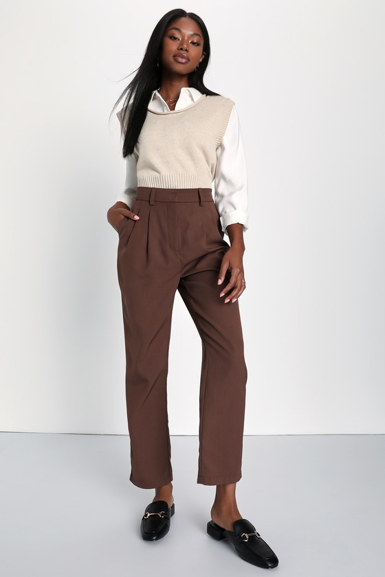Posh Promotion Brown Twill High-Waisted Slim Leg Trouser Pants 1