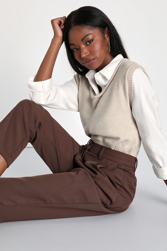 Posh Promotion Brown Twill High-Waisted Slim Leg Trouser Pants 5