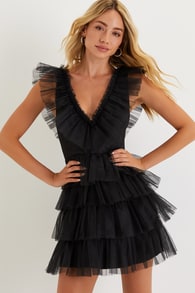 Striking Sensation Black Tulle Tiered Ruffled Mini Dress