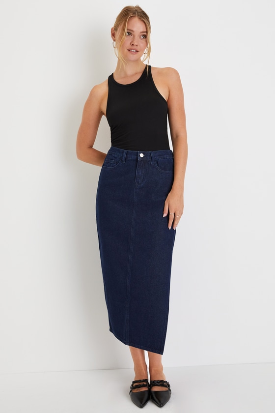 Dark Wash Denim Skirt - Denim Midi Skirt - High-Rise Denim Skirt - Lulus