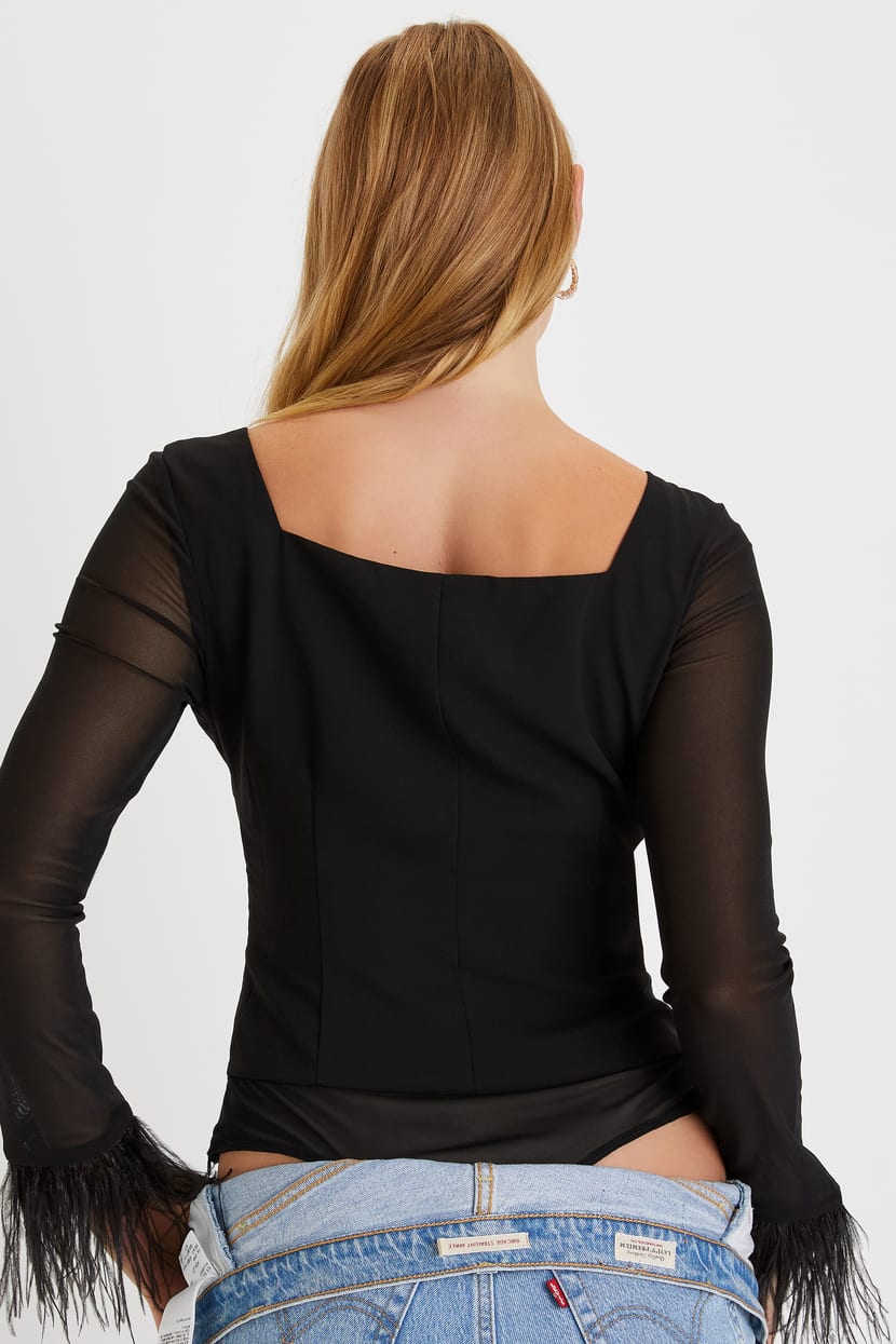 Effortlessly Luxe Black Feather Long Sleeve Bodysuit