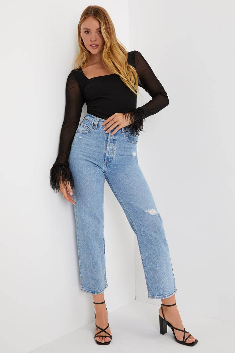 Effortlessly Luxe Black Feather Long Sleeve Bodysuit