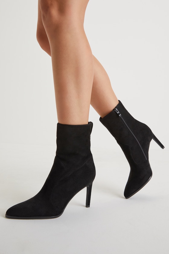 Lulus Evander Black Suede Pointed-toe Mid-calf High Heel Boots