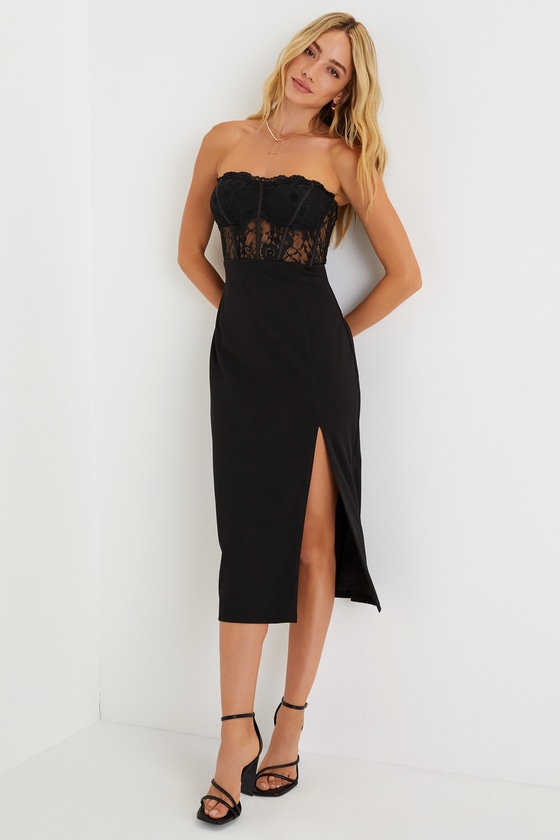 Lulus Exquisitely Sultry Black Lace Strapless Bustier Midi Dress